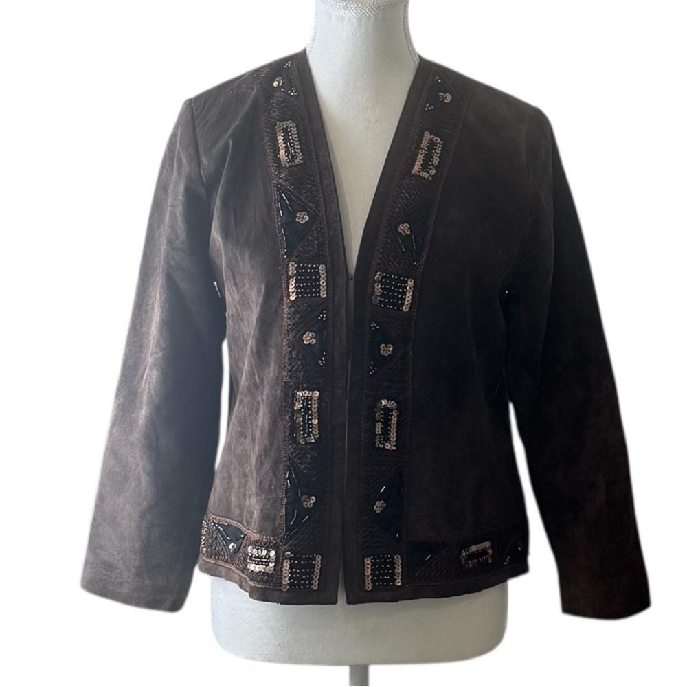 Laura Ashley Petite Brown Leather Beaded Jacket‎ Boho Vintage PM